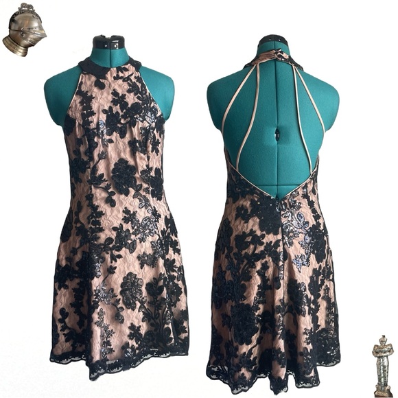 Dress The Population Abbie black and beige sequin lace cocktail dress - Picture 1 of 7